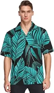 [GuoChe] Hawaiian Casual Button Shirts for Men Short Sleeve Blue Pattern Tropical Leaves Palms Dating Camisas de Playa para