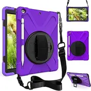 ZenRich Case for iPad 9th Generation iPad 8th/7th Generation Case with Pencil Holder Rotating Stand Hand Strap & Shoulder Belt, Heavy Duty Kids iPad 10.2 inch Case 2021/2020/2019 Cover, Purple