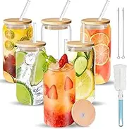 Welbellete Drinking Glasses with Bamboo Lids and Glass Straw,16oz Can Shaped Glass Cups, Beer Glasses, Iced Coffee Cups, Clear Glass Tumbler with Straw, for Cocktail, Whiskey, Gift Set(6 Pack)