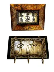 Indian Vintage Metal Folk Art Wall Plaque Key Holder 2 Small Frames Handmade New