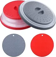 Vented Collapsible Microwave Splatter Cover,Food Cover,Colander Kitchen Gadget,Include Anti-scald Silicone Mats,Dishwasher-safe,BPA-FreeSilicone & Plastic（2Set Grey And Red)