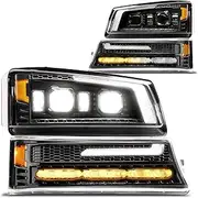 LED Headlight Assembly Bumper Lamp Replacement For 2003-2006 Chevy Chevrolet Silverado Avalanche 1500 2500 3500 HD [DOT] DRL & Amber Sequential Turn Signal Projector Black Housing Headlamp