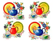 Vintage Image Retro Kitchen Dishes Teapot Cup Saucer Waterslide Decals KI375