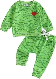 [MAHUAOYIXI] Toddler Boys Christmas Outfits Pattern Print Long Sleeve Crew Neck Sweatshirt with Drawstring Pants 2Pcs Tracksuits Baby Boys Christmas Clothes