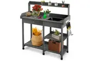 2-Tier Patio Storage Work Station Garden Potting Bench Wooden Potting Table Grey