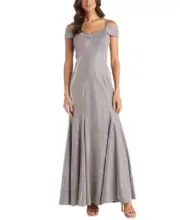 R & M Richards Women's Gray Sequined Zippered Spaghetti Strap Off Shoulder Full-