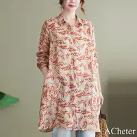 在飛比找momo購物網優惠-【ACheter】秋色新款棉麻長袖印花襯衫寬鬆長版上衣#11