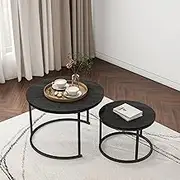 FOUBAM Round Nesting Coffee Table Set of 2 End Tables for Living Room Balcony, Stacking Industrial Side Table, Circular Wood Accent Furniture with Sturdy Metal Frame,Easy Assembly(Black)