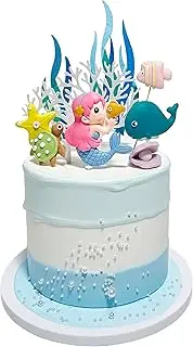 Mermaid Cake Topper Sea Cake Decorations Ocean Theme Birthday Cake Toppers Mermaid Starfish Seaweed Shells Whales Cake Toppers for Girl Kid Baby Birthday Party