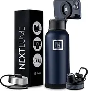 32 Oz Water Bottle With Magnetic Phone Holder Lid, Hydration Flask, Wide Mouth Stainless Steel Water Bottle With 3 Lids Straw & Spout Lid, Double Walled Insulated Thermos (Navy)