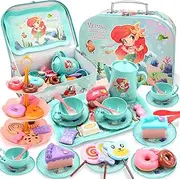 REMOKING 45PCS Mermaid Tea Party Set for Little Girls,Birthday Gifts for Age 2 3 4 5 6 Year Old Girls,Pretend Teapot,Dessert Playset, Carrying Case for Role Play,Princess Toy for Kids 2-6 Year Old