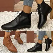 Ladies Retro Solid Pointed Toe Flat Lace Up Ankle Boots Western Short Boots