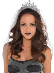 Plastic Silver Tiara with Grey Veil