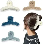 4 Pcs Hair Claw Clips, Fuzzy Hair Clip, 4.7Inch Aesthetic Claw Clips, Bow Claw Clips For Women Must Haves In Winter, Colorful Winter Hair Barrettes For Girls, Fashion, Cute, Faux Fur Hair Clip