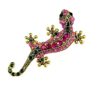 Brooch Lizard Pink & Green Rhinestone Crystals Gold Tone