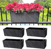 LaLaGreen Deck Railing Planter Box (4 Pack, 20 Inch) Black Rectangular Window Flower Boxes with Bracket, Self Watering System Hanging Planter Box for Outdoor Plant Container Herb Rail Fence Balcony