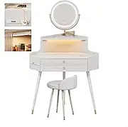Corner Vanity with Power Outlet & Mirror & Chair,Telescopic Dresser with 2 Drawers & LED Sensor Light,White(Without Retractable Side Cabinet)