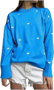 XpigPq Women Knit Sweater Crewneck Long Sleeve Cute Heart Pattern Print Pullover Fall Outfits Casual Lightweight Tunic Tops