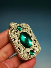 .Amazing Vintage Old Miao Silver Carved Dragon Inlaid Green Jade Pendant