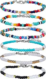 [SAVITA] 6pcs 8-10inch Handmade Beaded Anklets for Women Colorful Bohemian Glass Beads Ankle Wrap Bracelets String Adjustable Elastic Thread Gifts for Women Girls Beach Vacation