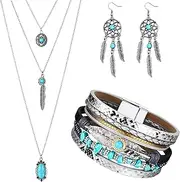 [Sureio] 3 Pieces Bohemian Turquoise Set Women Western Jewelry Turquoise Pendant Necklace Western Turquoise Alloy Earrings Turquoise Bracelet for Women Western Boho Jewelry Set