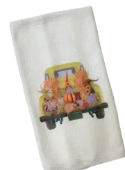 Yellow Pickup Truck and Gnomes Microfiber Waffle Weave Kitchen Dish Towel