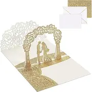 Wedding Pop-up Card Set, 3D Greeting Anniversary Romantic Congratulations with Envelope for Bride and Groom Valentine's Day Engagement Party Supplies (Gold)
