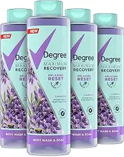 Degree Maximum Recovery Body Wash and Soak Post-Workout Recovery Skincare Routine Lavender Extract + Epsom Salt + Electrolytes Bath and Body Product 22 oz, Pack of 4