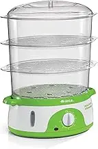 Ariete 911 Healty Steam Electric Steamer with Timer 60 Inches, 3 Baskets, Water Level Indicator, Rice Container, Space-Saving, 800, Plastic, 9 Litres, White/Green