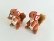 1996 - 2 Original "Nuts" Beanie Babies, Squirrel Plush Toy
