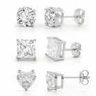 925 Sterling Silver 3mm - 10mm Round Square Heart 3-Pair Set, Ladies Clear...