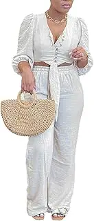 [pnahip] Women's 2 Piece Outfits Casual Long Sleeve Tie Front Crop Tops and Wide Leg Pants Matching Set Tracksuits