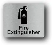 Fire Extinguisher Sign Adhesive Sticker Notice, Metallic Silver Engraved Black with Universal Icon Symbol and Text (Size 12cm x 10cm)