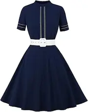 [Wellwits] Women's Black Stripe Panel Belt Office Work Vintage Dress