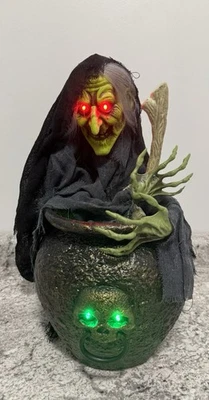 Animated Witch and Cauldron Halloween Decoration - Lights Up & Moves - 18.5”