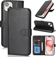 Cavor for iPhone 15 Case Leather Wallet Folio Flip Cover with Kickstand and Photo Holder Card Slots Protective Shockproof Phone Cases-Black