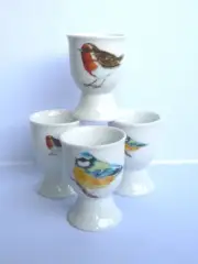 Garden birds egg cups eggcup porcelain set of 4 boxed
