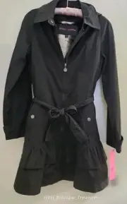 Betsey Johnson Chinchilla Fur Lined Full Zip Ruffled Hooded Trench Coat M NWT