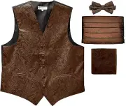 New Men's Paisley Tuxedo Vest Waistcoat & Cummerbund & Bow tie & Hankie Brown