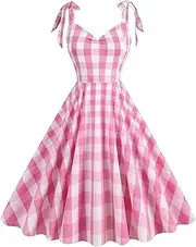 [IWEMEK] 1950s Pink Plaid Dress for Women Pink Gingham Dress 50s Pin Up Dresses Women Pink Checkered Dress Vintage Rockabilly Dresses