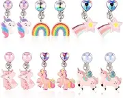6 Pairs Colorful Clip On Drop Earrings, Resin Clip On Earrings Unicorn Rainbow Non-Pierced Princess Clip On Earrings for Dress Up Princess Jewelry Accessories, Medium, Resin, No Gemstone