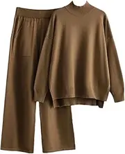 [Generic] Womens Mock Neck Long Sleeve Split Knitted Pullovers Suits High Wide Leg Pant Jogging Tracksuit Dressy Lounge Sets
