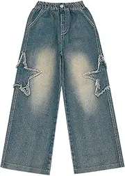 [Generic] Clothes for Girls Size 6 Spring Summer and Autumn Styles for Middle and Large Children Retro Five Pointed Star Wide Leg Straight Pants Trendy and Cool Loose Casual Infant Sweat Pants for Girls