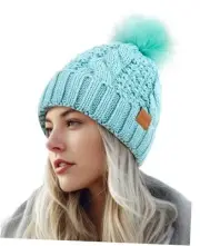 Women's Winter Pompom Beanie Warm and Cozy Knit Hat Fleece Lining Light Green