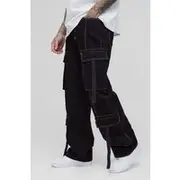 Mens Black Tall Contrast Stitch Strap Detail Wide Leg Cargo Jeans