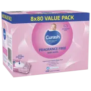 Curash Baby Wipes Fragrance Free 8 x 80 Value Pack For Sensitive Skin Soap Free