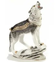 Howling Gray Wolf Trinket Box, hinged, beautifully jeweled, enameled, NIB