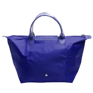 LONGCHAMP 經典LE PLIAGE系列刺繡摺疊暗釦/拉鍊短提把尼龍水餃包(中-鈷藍色)