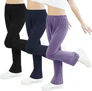 [Jimonda] Girls Mid-Rise Flared Pants, 3 Pack Soft Rayon Stretch Bell Bottoms for Kids, Skinny Fit Bootcut Leggings