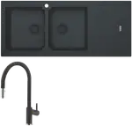 Franke Bali Double Bowl Sink with Right Hand Drainer and Verona Pull-Out Tap - Matt Black